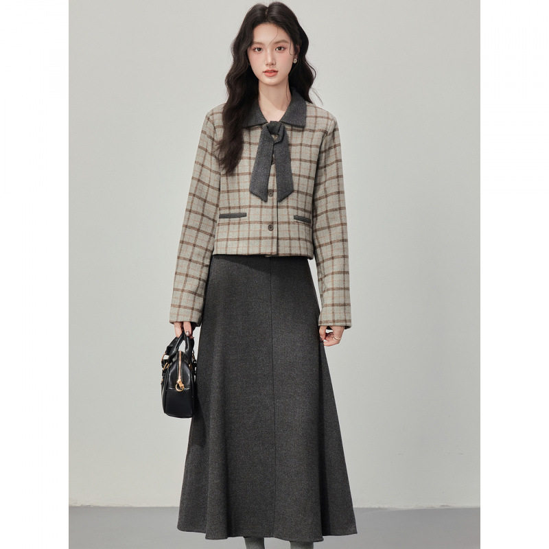 复古港风套装连衣裙女格子西装外套高腰半身裙两件套减龄显瘦显高