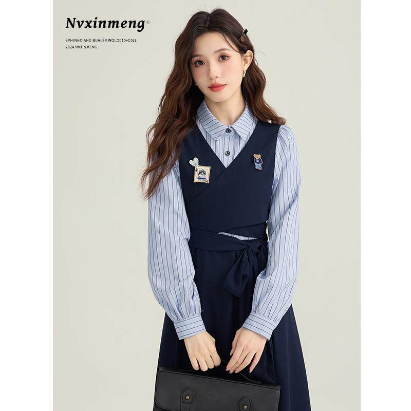 女心萌学院风长袖连衣裙女秋冬穿搭套装2024小个子面试穿搭长裙子