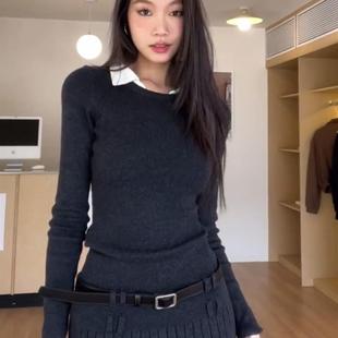 美式假两件衬衫领针织连衣裙女秋冬学院风修身显瘦百褶拼接辣妹裙
