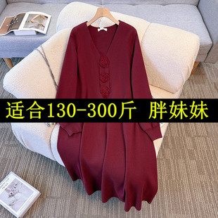 200/300斤胖人肥婆特大码女装秋冬新款时尚假两件气质针织连衣裙