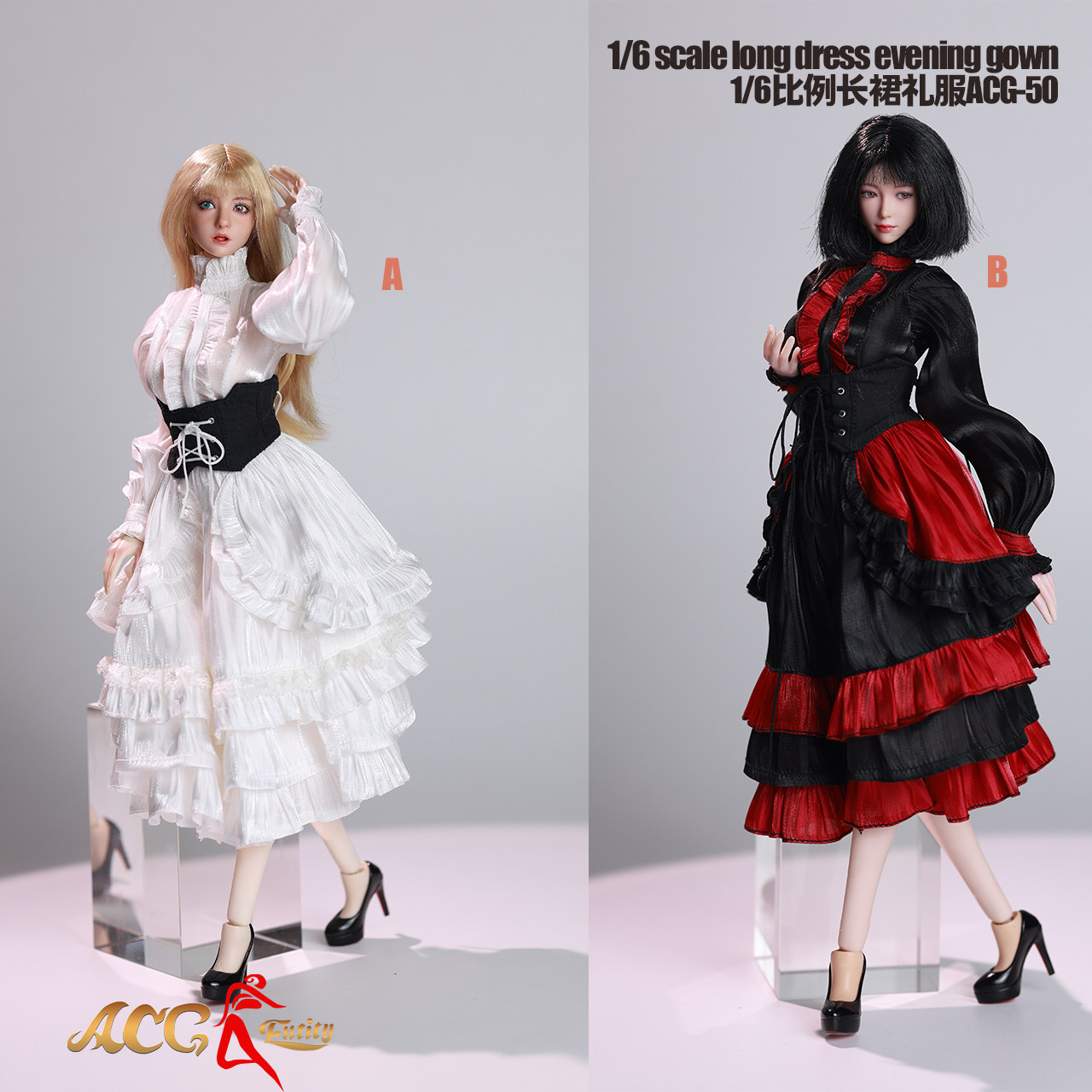 1/6女兵人长裙礼服 哥特黑红连衣裙 ACG-50 可动包胶素体衣服配件