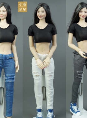 1/6女人偶12寸包胶素体岚  ph 用休闲破洞低腰白色灰色蓝色牛仔裤