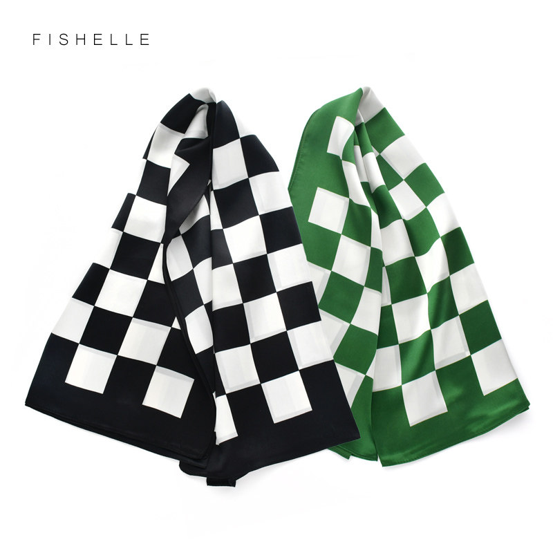 虞贝春夏黑白绿色棋盘格真丝丝巾