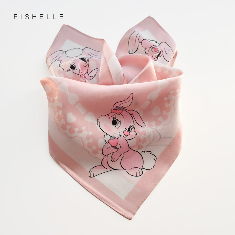 可爱卡通小兔子草莓真丝小方巾女春秋桑蚕丝丝巾儿童围脖薄款纱巾