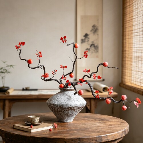 侘寂风仿真柿子禅意花瓶套装