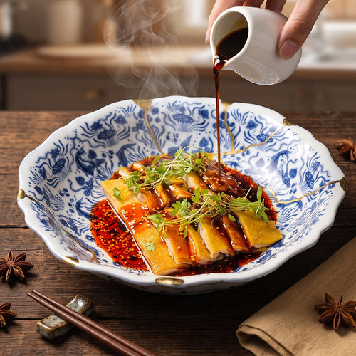 青花瓷荷口汤盘碗融合菜摆盘餐具