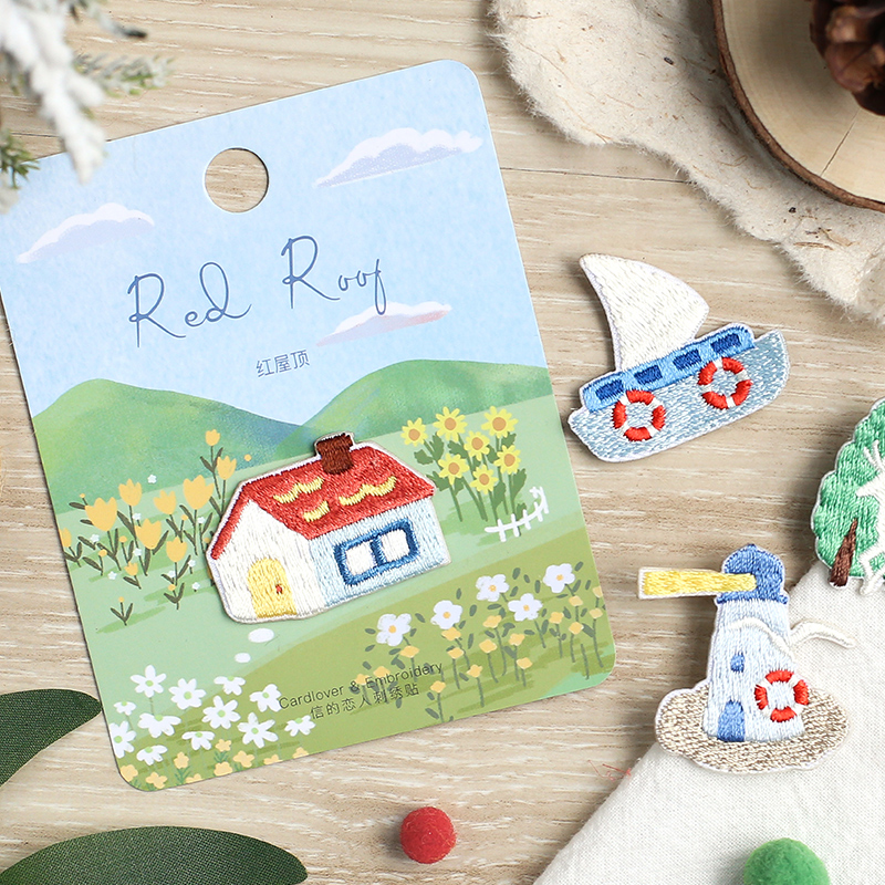 风景刺绣贴情侣自粘布贴手账diy