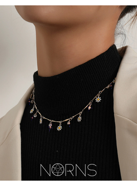 欧美合金滴釉花朵水钻吊饰毛衣链