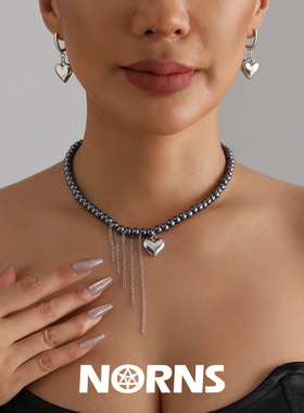Norns欧美精致爱心玻璃珠项链ins甜酷辣妹风项饰耳环套装