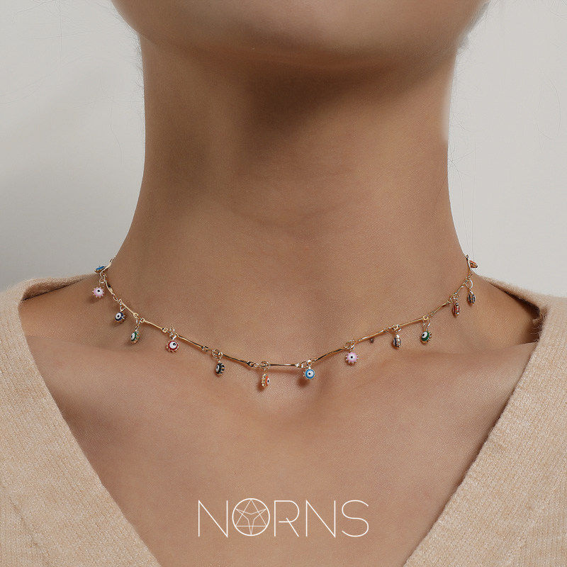 Norns欧美简约金属折骨链拼接糖果彩色太阳眼珠吊饰项链锁骨链