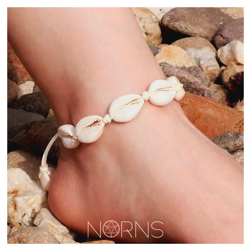 Norns沙滩海边度假白色贝壳脚链简约时尚手工打结松紧脚环脚绳