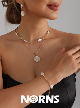 Norns欧美镶钻太阳花吊坠项链时尚金属管扁平珍珠necklace耳饰