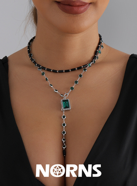 Norns摩洛哥非洲贵祖母绿方形吊牌项链复古黑珠双层叠戴Y字链