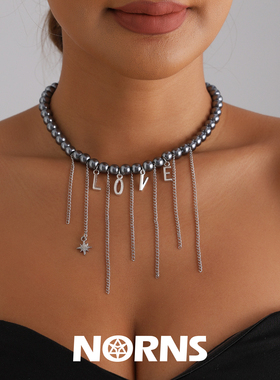Norns欧美简洁黑色仿贝珠金属流苏链LOVE水钻星吊饰项链锁骨链