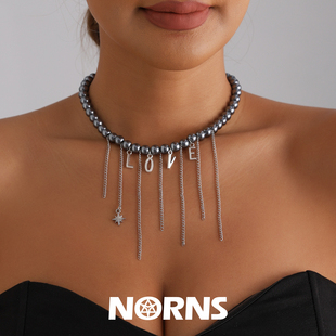 Norns欧美简洁黑色仿贝珠金属流苏链LOVE水钻星吊饰项链锁骨链