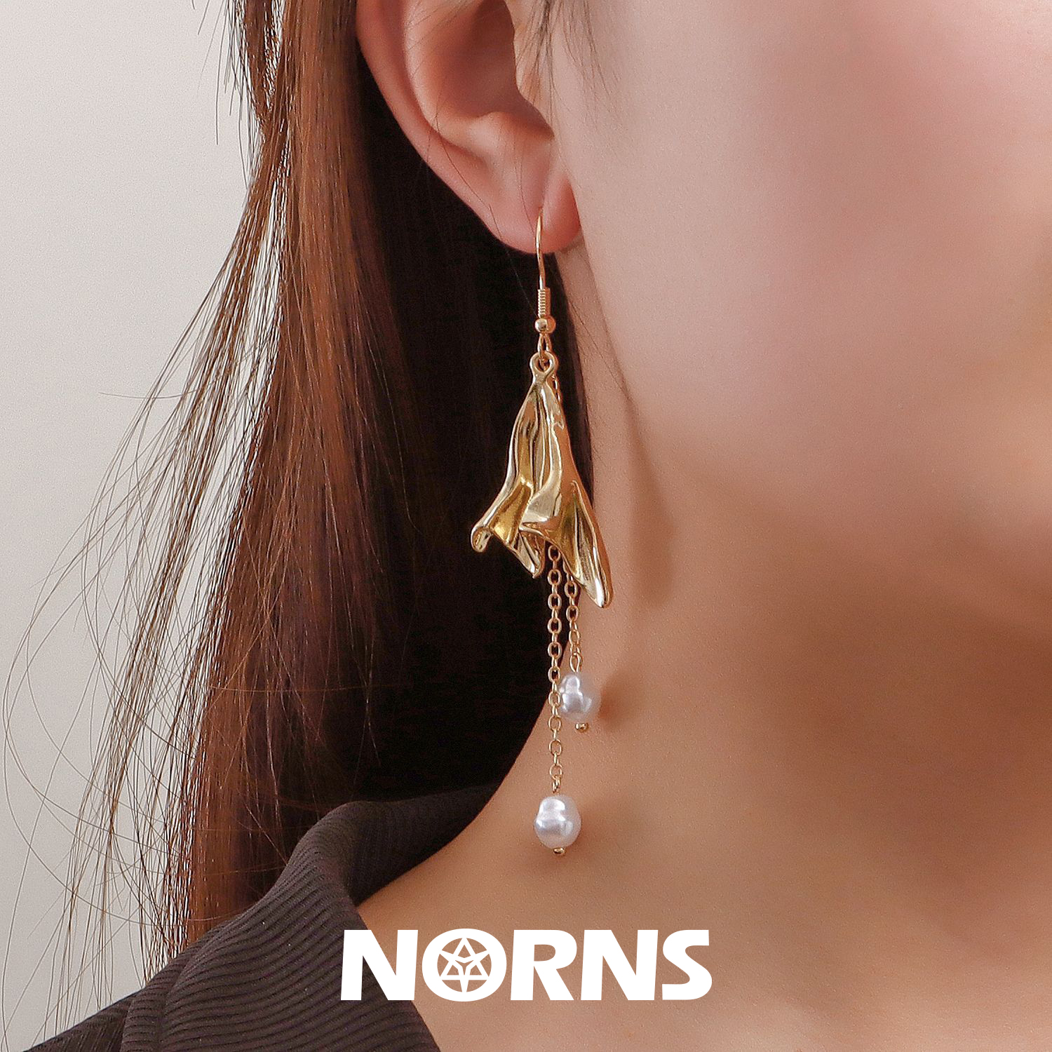 Norns欧美复古几何型冷淡风简约小巧耳环个性对称流苏仿珍珠耳饰