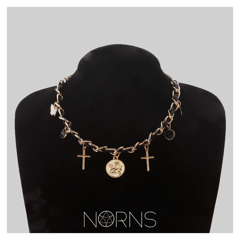 Norns韩版摇滚PU皮多元素十字架天使圆盘宝石粗链皮革项链锁骨链