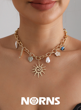 Norns波西米亚设计太阳花项链鱼骨花朵爱心多元素短款项饰锁骨链