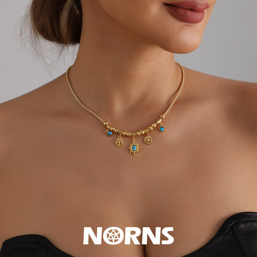 Norns欧美波西米亚复古风短款项链松石镶嵌芒星镂空生命树项饰