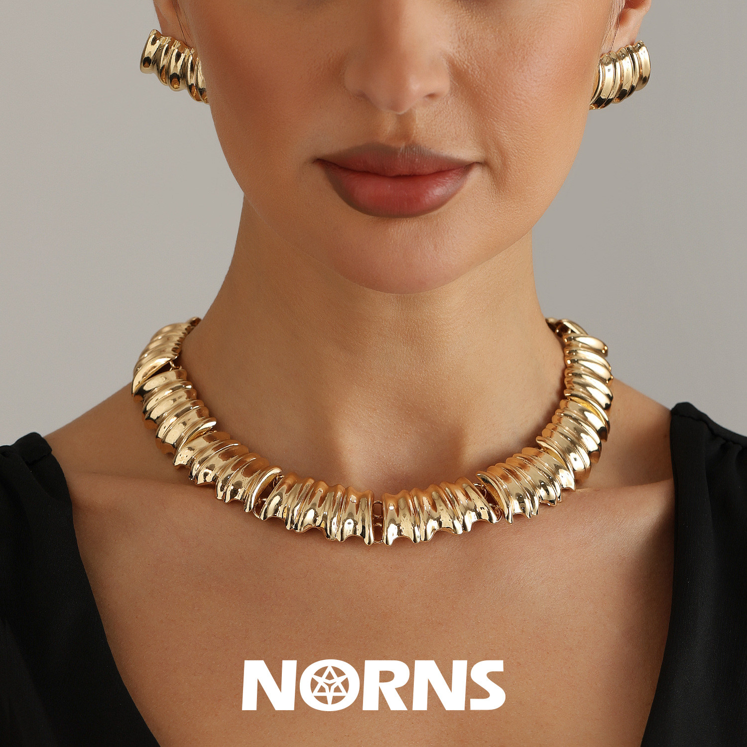 Norns欧美夸张霸气鎏金褶皱夸张金属项链套装时尚锁骨链颈链耳钉