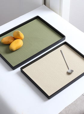 【千遂】Bamboo weave手工托盘酒红色皮革长方形盘草绿家用水杯盘