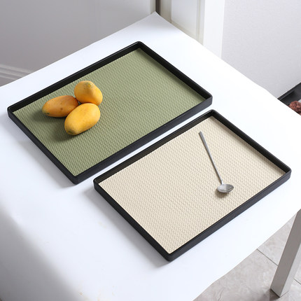 【千遂】Bamboo weave手工托盘米色皮革长方形盘草绿家用水杯盘