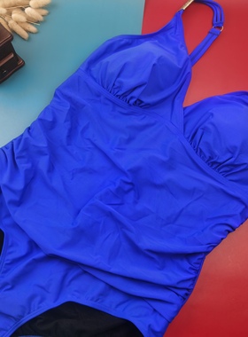 80-105CDEF澳洲大罩杯大码带胸垫无钢圈三角连体泳衣修身蓝色金扣