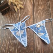 无痕内裤 L码 外贸镂空印花雪纺纱天空蓝一根绳细T低腰丁字裤