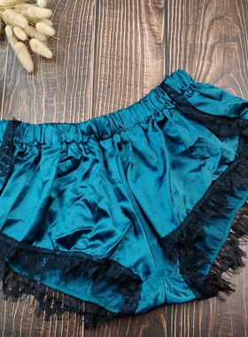 S-XL欧美大尺码墨绿色丁缎面超短裤无裆衬女士阿罗裤睫毛花边