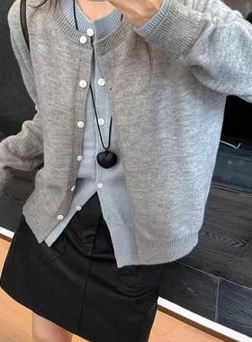 2024秋冬新款韩系chi软糯假两件撞色针织开衫女灰色毛衣外套上衣