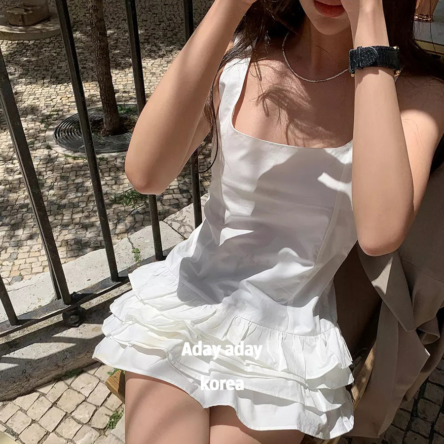 现aday韩国直发代购 夏季纯欲感褶皱蛋糕花边小甜心 无袖连衣裙