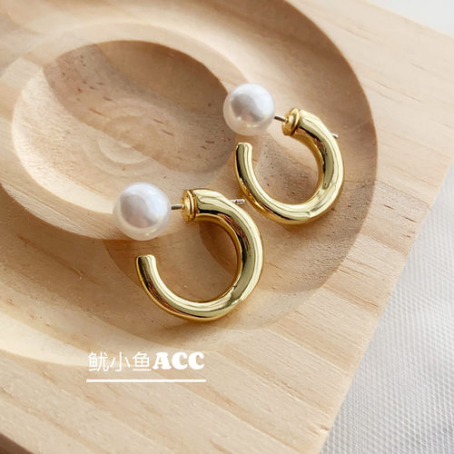 s925银针滤镜苏橙橙李兰迪同款耳环气质金属圈珍珠c型耳钉耳饰女