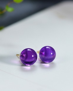 巴西老矿紫水晶转运珠小球耳钉S925纯银镶嵌 耳坠尺寸约：10.5mm