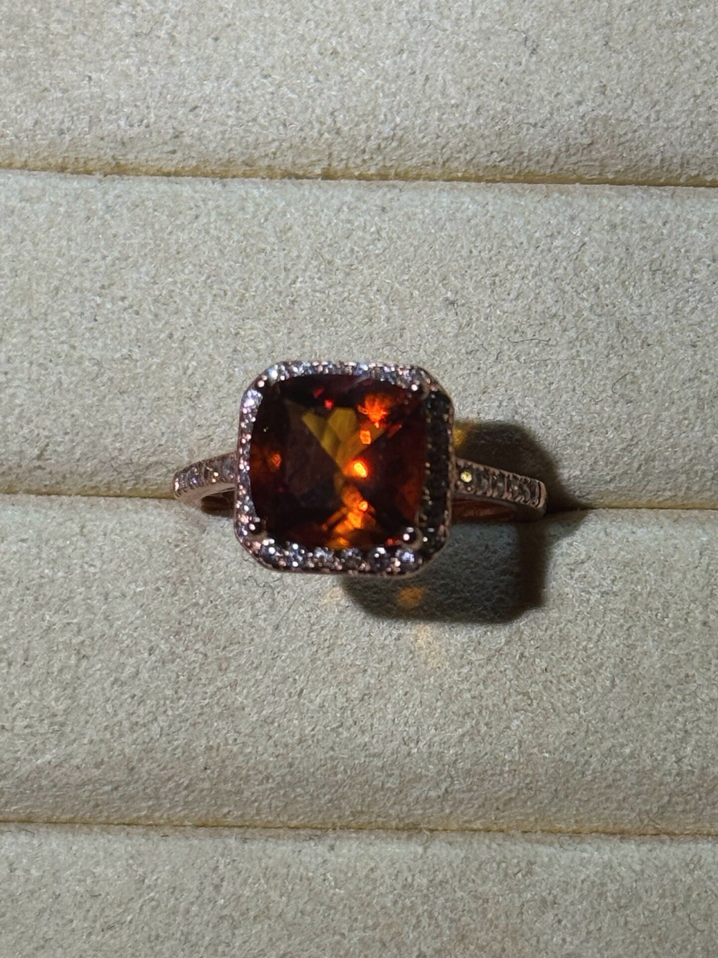 巴西黄水晶金红料戒指925银镀玫瑰金色镶嵌尺寸8.8-8.8mm
