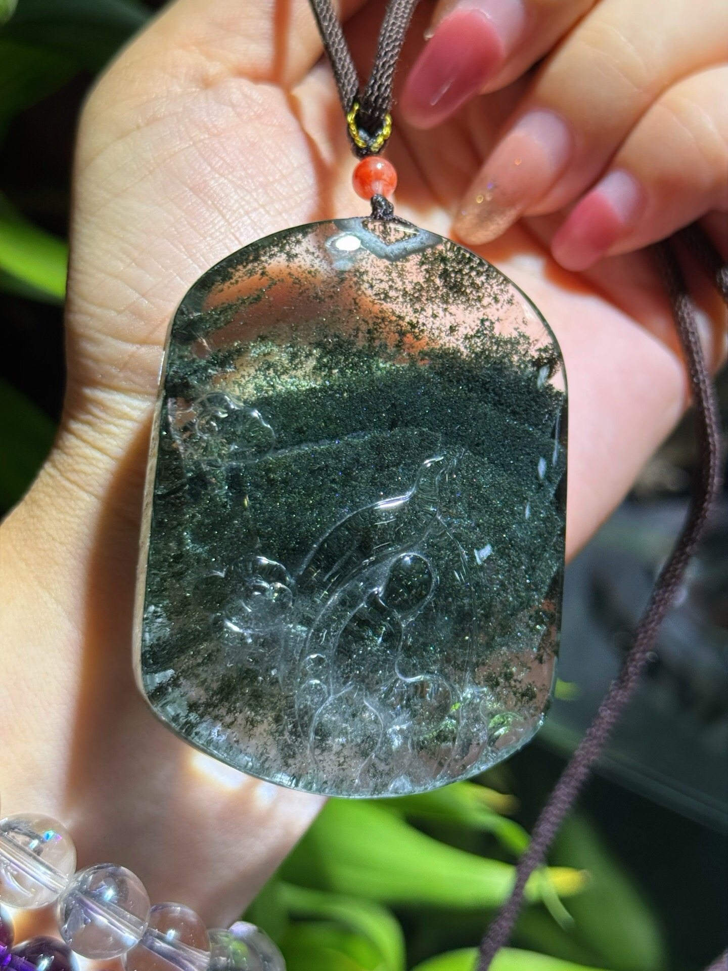 天然绿幽灵水晶吊坠，悟道 金字塔千层纹路 尺寸63-47-18mm大气