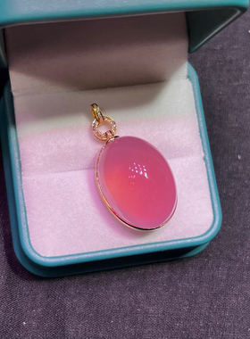 天然粉晶蛋面吊坠18K黄金镶嵌蛋面挂坠时尚水晶24-18-15mm10.8克