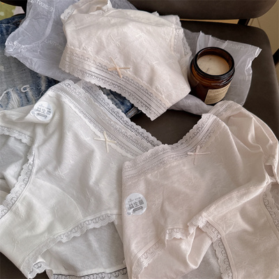 蝴蝶结提花棉透气孔蕾丝边内裤