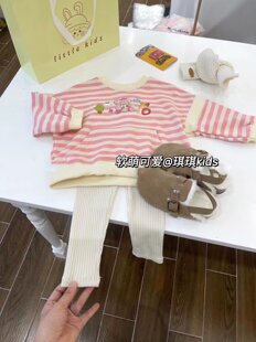 琪琪妈秋季韩系女童粉色条纹圆领纯棉宽松套头卫衣儿童长袖t恤