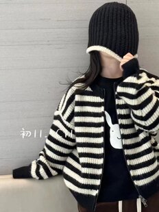 2025韩版童装女童黑白条纹针织开衫拉链毛衣儿童黑色长袖t恤