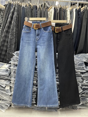 AngelYY7983实拍现货加厚绒微喇牛仔裤女冬季高腰弹力筒喇阔腿裤