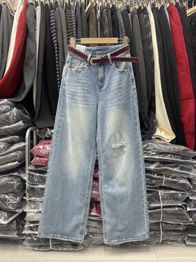AngelYY9612春新款牛仔裤高个子女高腰破洞阔腿裤直筒显瘦拖地裤