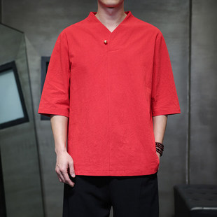 夏季薄款棉麻衣短袖汗衫珠扣汉服领上衣复古V领POLO衫男学生T恤衫
