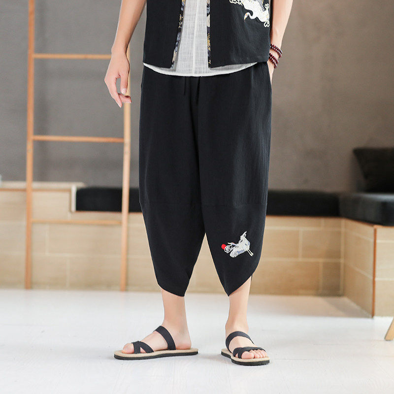 夏季新款仙鹤刺绣休闲裤男棉麻七分裤小脚短裤宽松阔腿运动哈伦裤,男装,短裤,淘宝优惠券,粉丝福利购,淘宝优惠卷