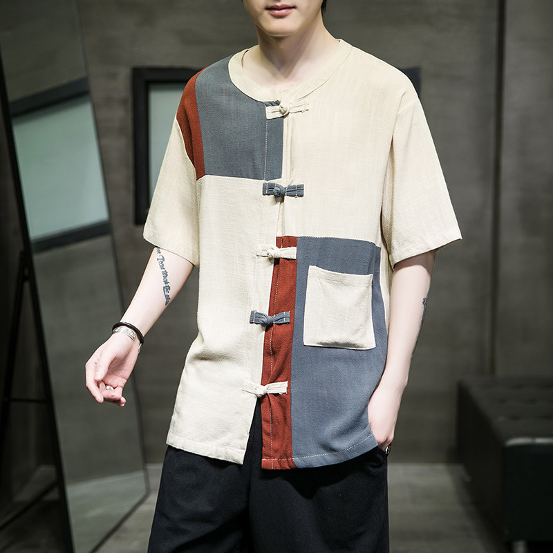 夏季棉麻短袖T恤盘扣拼色补丁乞丐服圆领打底汗衫男演出服装上衣