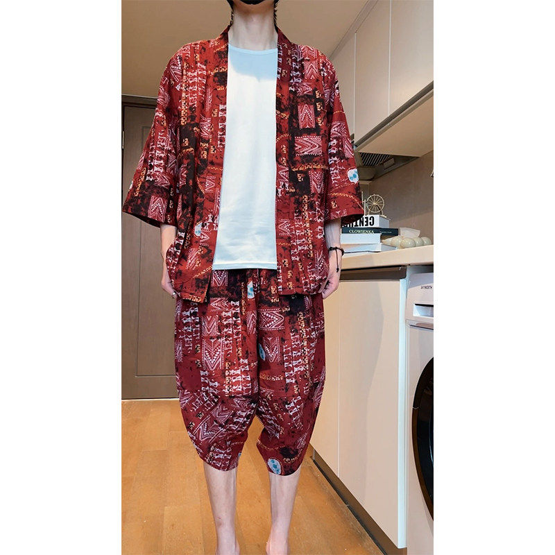 夏季民族风印花汉服套装沙滩休闲男运动服短袖开衫七分裤两件套装