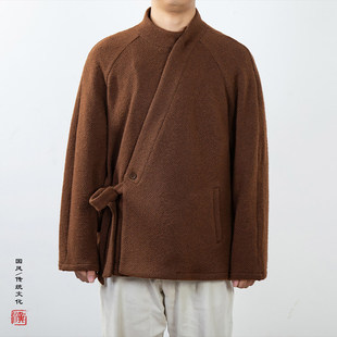 冬装加厚毛呢子外套斜门襟禅意茶服复古汉服佛系居士服男短打上衣