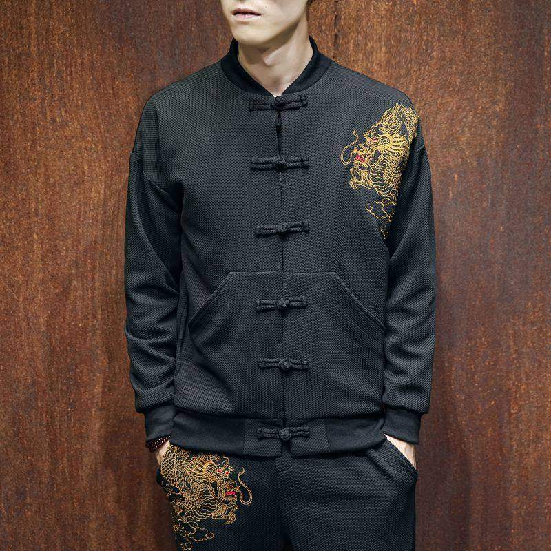 春秋季新中式唐装龙纹刺绣复古外套男青年夹克衫棒球领中山装上衣