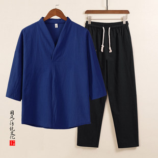 夏季棉麻V领汉服套装国风禅意茶服男七分袖T恤汗衫直筒长裤两件套