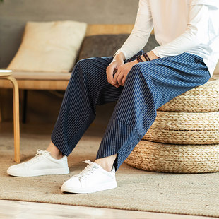 中式 男九分长裤 休闲裤 条纹直筒灯笼裤 子 复古风棉料运动哈伦裤 夏装