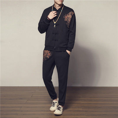 民族风龙刺绣盘扣唐装两件套装男